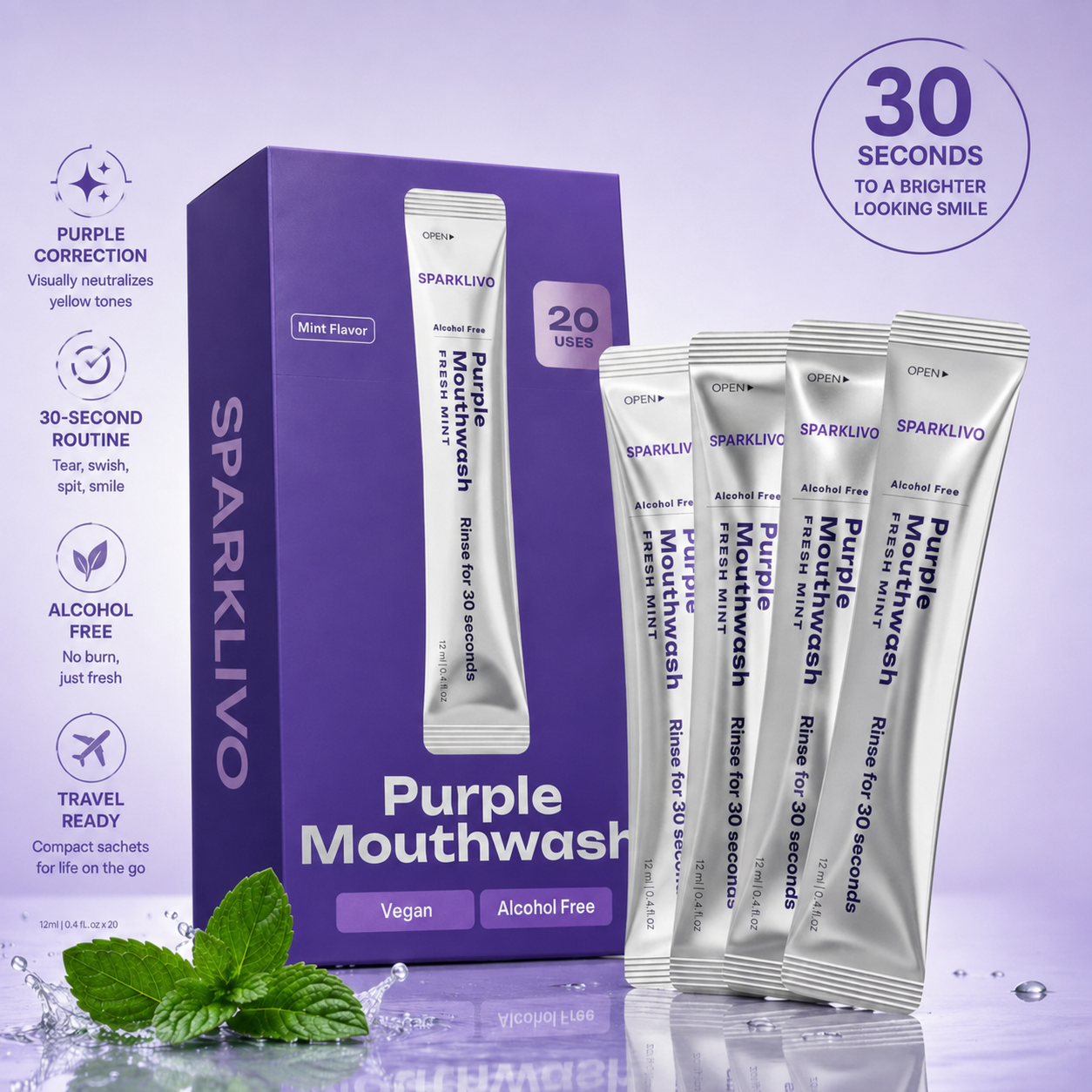 Purple Whitening Mouthwash Sachets | Alcohol-Free & Vegan